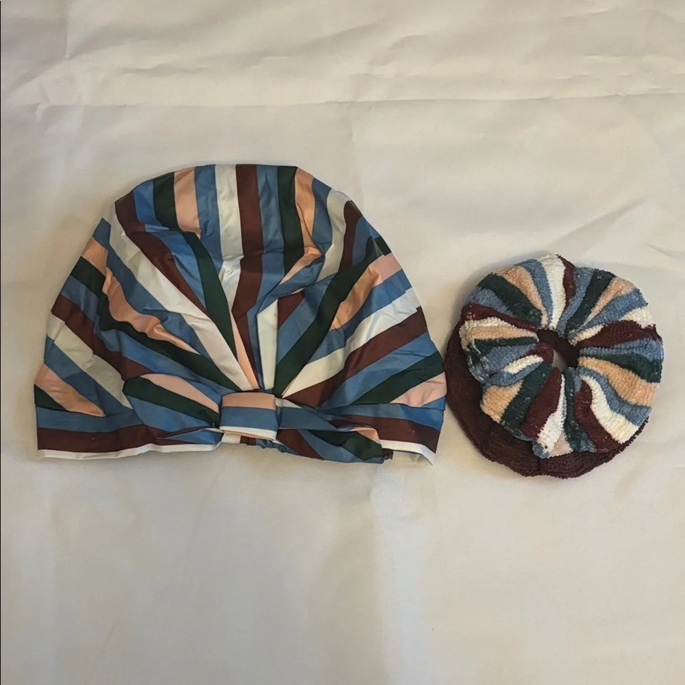 Colorful Striped Kids Reusable Shower Cap With Matching Scrunchies NWOT